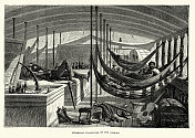 19世纪，在奥里诺科河上行驶的汽船上，乘客们睡在吊床上。
