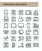 家用电器细线矢量图标集。设计是可编辑的,颜色可以改变。矢量创意图标集:微波炉,烤箱,冰箱,搅拌机,厨房,咖啡-饮料。 家用电器细线矢量图标集。设计是可编辑的,颜色可以改变。矢量创意图标集:微波炉,烤箱,冰箱,搅拌机,厨房,咖啡-饮料。