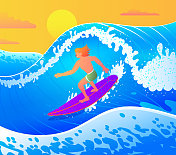 蓝色波浪冲浪者，夏季冲浪，海浪上的男性骑手
