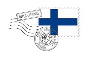 芬兰邮票。明信片矢量插图与芬兰国旗孤立的白色背景。