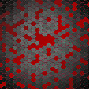 灰色六边形瓷砖。一些缺失显示红色背景。蜂窝图案与单独点燃的形状。梯度。