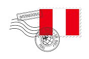 秘鲁邮票。明信片矢量插图与秘鲁国旗隔离在白色背景上。