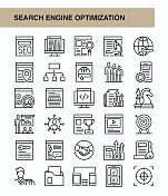 搜索引擎优化线图标集-插图广告，内容管理系统，字典，信息图表