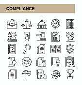 合规细线矢量图标集。设计是可编辑的，颜色可以改变。矢量创意图标集:治理，透明度，法律，要求，标准