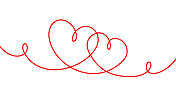 的心。两张手绘心形素描。连续线条艺术。矢量图