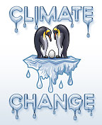 南极洲帝企鹅夫妇带着蛋站在融化的冰山上，气候变化插图