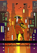 矢量动漫武士在未来的赛博朋克城市矢量插图