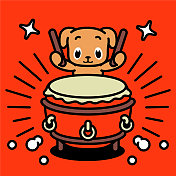 一只可爱的拉布拉多猎犬正在打中国传统的鼓，中国低音鼓