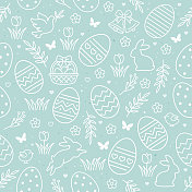无缝图案图标与复活节彩蛋，鲜花，兔子和蝴蝶。复活节轮廓图标集。
