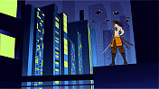矢量动漫武士在赛博朋克城市设置矢量插图