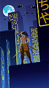 矢量动漫武士在赛博朋克城市设置矢量插图