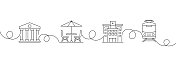 连续的一条线绘制城市生活元素图标概念。单线矢量插图。博物馆、咖啡馆、医院、火车。 连续的一条线绘制城市生活元素图标概念。单线矢量插图。博物馆、咖啡馆、医院、火车。