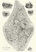 复古插图地图，怀特岛图表，维多利亚，1850年代，19世纪