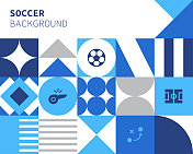 足球概念包豪斯风格的背景设计与简单的固体图标。这种设计适合用于网站、演示文稿、报告、杂志和小册子。