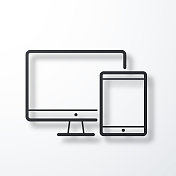 台式电脑和平板电脑。线图标与阴影在白色背景