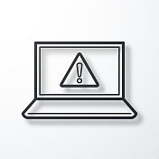 带有危险警告注意的笔记本电脑。线图标与阴影在白色背景