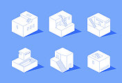 等距白色建筑集，抽象的房子图标包，无缝重复的房子模式蓝色背景，等距3D艺术房子，建筑，建筑，无缝模式，等距投影，模式，重复