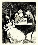 女服务员，无聊的女人睡觉，两个男人在咖啡馆下棋，德国，青年风格，新艺术风格，19世纪90年代