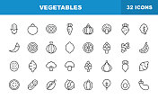蔬菜线图标。可编辑的中风。包含牛油果，豆类，西兰花，胡萝卜，玉米，生态，大蒜，蘑菇，洋葱，辣椒，土豆，南瓜，生食等图标。