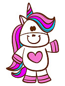 可爱的独角兽站在和挥手的卡通人物孤立的白色 可爱的独角兽站在和挥手的卡通人物孤立的白色