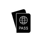 护照固体图标设计在一个白色的背景。这个黑色的平面图标适用于信息图表、网页、移动应用程序、UI、UX和GUI设计。