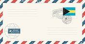 空白航空邮件grunge风格信封与巴哈马邮票。复古明信片矢量插图与巴哈马国旗隔离在白色背景上。复古的风格。