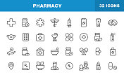 药房线图标。可编辑的中风。包含诸如疫苗接种，药店，止痛药，处方，注射器，医生，医院，病毒，药物，医院，疼痛缓解等图标。
