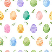 复活节无缝图案与装饰鸡蛋手绘水彩。