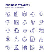 商业战略可编辑线条图标集包含了规划、现金流、风险管理、流程图、商业模式、营销、创新、效率等图标