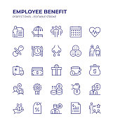 员工福利可编辑行图标集包含带薪假期，退休基金，生活平衡，病假，产假，加薪，健康保险等图标