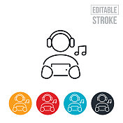 戴耳机的人在智能手机上列出音乐细线图标-可编辑的笔画