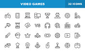 视频游戏线图标。可编辑的中风。包含诸如移动游戏，设备，游戏机，RPG，虚拟现实，射击，电脑，平板电脑，多人游戏，流媒体等图标。