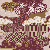 日本图案拼贴。织物拼接设计与花卉和几何元素在红色，米色和金色。传统的无缝背景。