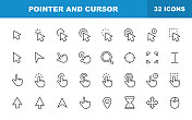 指针和游标线图标。可编辑的中风。包含触控手势、选择、鼠标、箭头、手指、沙漏、拇指、手机应用、界面设计、触摸屏等图标。