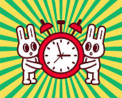 两只可爱的兔子一起拿着一个大闹钟