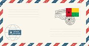 空白航空邮件grunge信封与几内亚比绍邮票。复古明信片矢量插图与几内亚比绍国旗隔离在白色背景上。复古的风格。