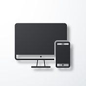 台式电脑和智能手机。白色背景上的阴影图标