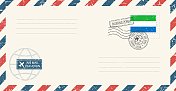 空白航空邮件垃圾信封塞拉利昂邮票。复古明信片矢量插图与塞拉利昂国旗隔离在白色背景。复古的风格。