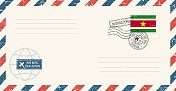 空白航空邮件垃圾信封与苏里南邮票。复古明信片矢量插图与苏里南国旗隔离在白色背景上。复古的风格。