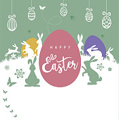 复活节快乐卡片，有彩蛋和兔子。