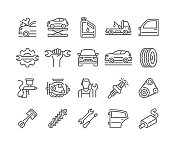 汽车服务线路图标集。车库,维修,汽车修理工。 汽车服务线路图标集。车库,维修,汽车修理工。
