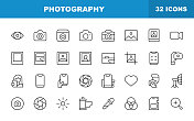 摄影线图标。可编辑笔画，包含相机、曝光、胶片、图像、影响者、照片、图片、自拍、社交媒体、电视、视频、视频通话、网络摄像头等图标。