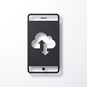 云下载和上传与智能手机。白色背景上的阴影图标