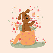 贺卡上有一只小狗拿着生日蛋糕