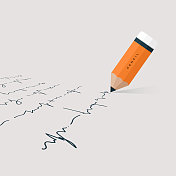 小木偶用橙色铅笔写字