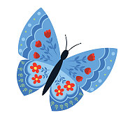 可爱的民间艺术蝴蝶与花在透明的背景