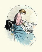 19世纪维多利亚时代的年轻女子缝纫,缝补衣服 19世纪维多利亚时代的年轻女子缝纫,缝补衣服