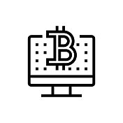比特币程序代码线图标。采购产品区块链，加密货币，比特币，货币，未来，数字货币，技术，虚拟现实，数据库。