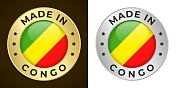 在刚果制造-矢量图形。圆形金和银标签徽章徽章设置刚果国旗和文字在刚果制造。孤立的白色和黑色背景