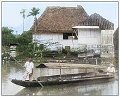 古色古香的黑白照片:菲律宾，有草席顶篷的船